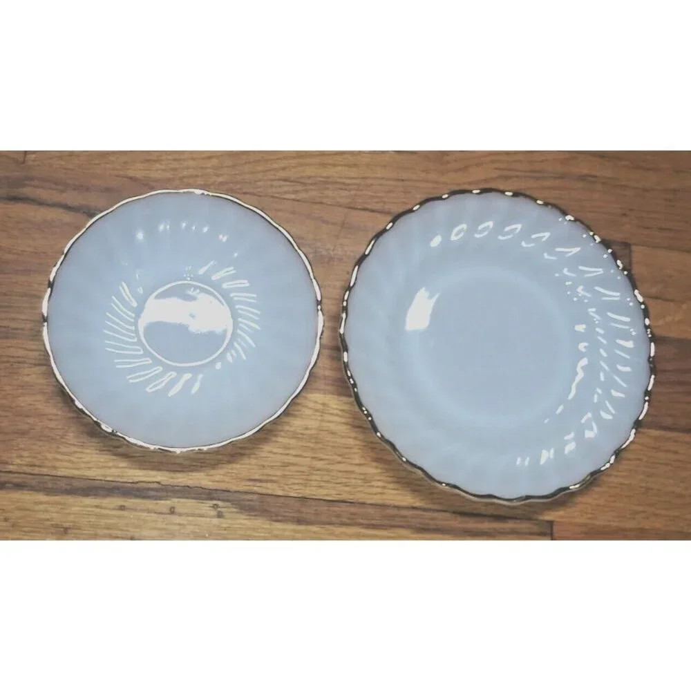 2 pc Fire-king Anchor Hocking side plate, saucer milk glass gold trim USA made